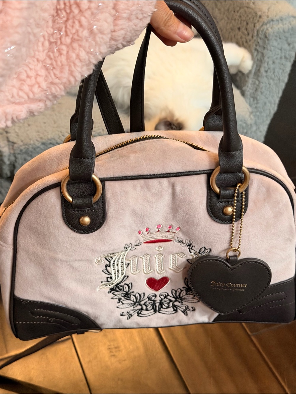 Juicy Couture Blush Pink Velvet Satchel with Dark Brown Trim